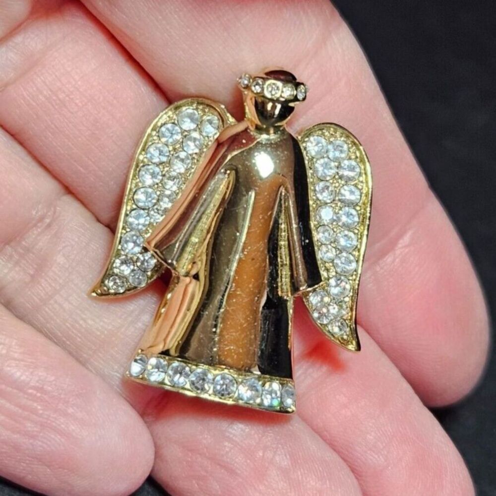 Monet gold tone angel brooch clear rhinestone